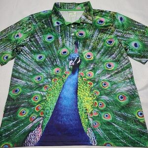 Obnoxious Golf Men's Peacock-Print Polo Shirt - Green/Blue Size XL